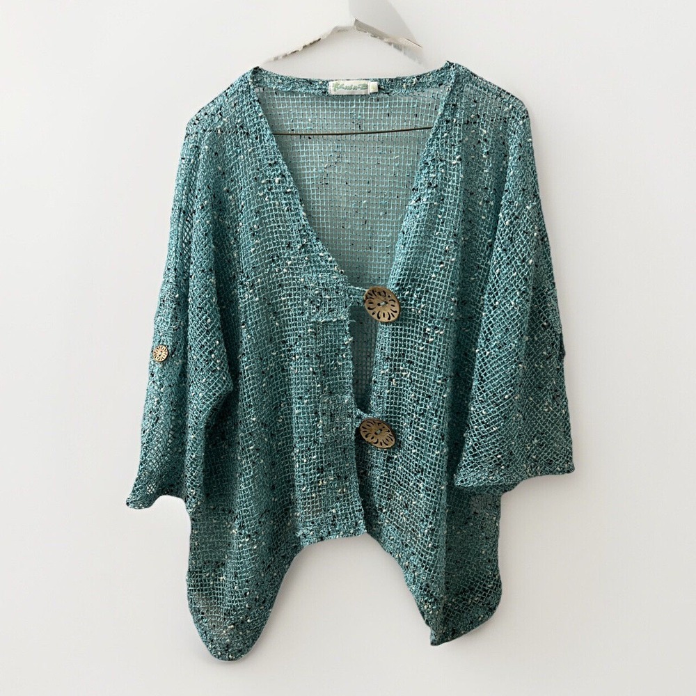 Lulu B Cardigan Open Front Cover‎ Up Textured Teal Button Embellished